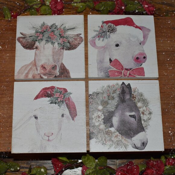 Other - 4pc Farmhouse Christmas Winter Holiday Barn Animals Wood Drink Coaster Set